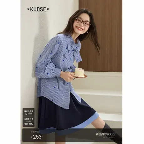 阔色蓝色蝴蝶结衬衫格子衬衣小衫2025秋季新款女长袖翻领上衣气质图片