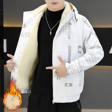 男士加绒外套秋冬季2023新款潮流韩版学生加厚棉衣服男生夹克百搭商品大图