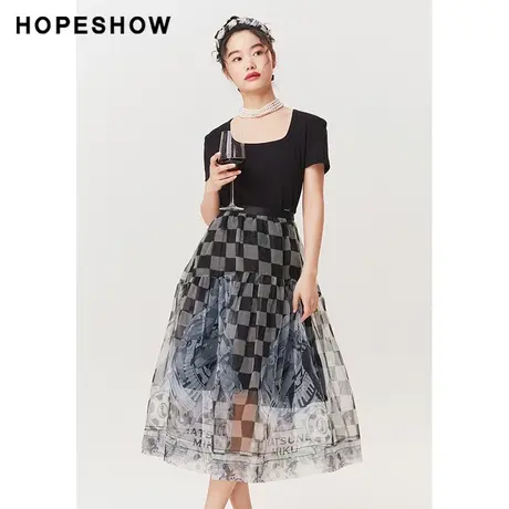 红袖outlets简约方领套头宽松T恤hopeshow2023夏款通勤纯色短袖商品大图