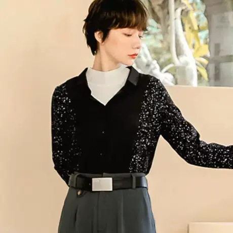 桔熊秋冬季通勤设计感磨毛点点拼色长袖衬衫上衣女装大码AB16595图片