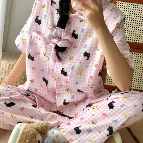 粉格纹小黑猫~可爱全棉双层纱布短袖长裤宽松舒适可外穿居家套装商品大图