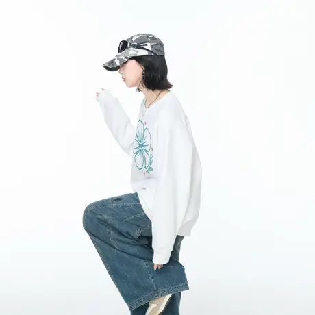 YEP春秋新款花朵印花圆领卫衣女美式复古风宽松休闲无帽外套上衣商品大图