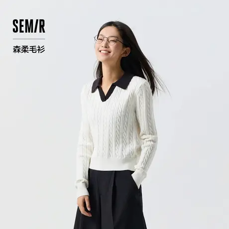 森柔毛衫|森马毛衣女短款polo领撞色春修身绞花衣服显瘦休闲时XY商品大图