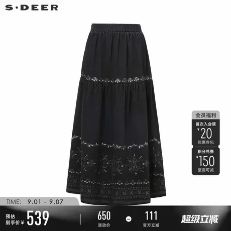sdeer圣迪奥冬季女装复古时尚高腰碎褶印花A字长裙S24481118图片