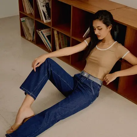 桔熊夏季时尚牛仔长裤子女撞色高腰口袋直筒裤胖妹妹大码BA7096图片