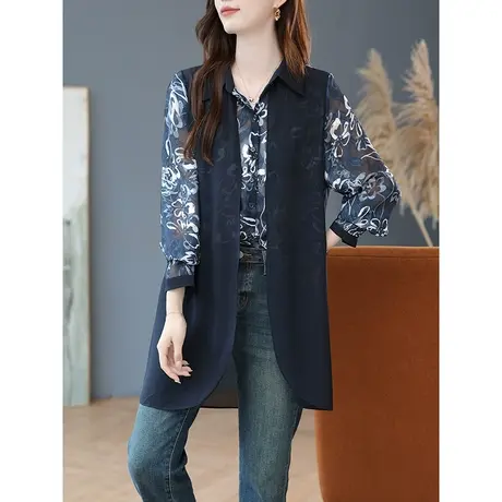 宝诗黎印花拼接假两件中长衬衫女2023春秋季新款长袖宽松雪纺上衣商品大图