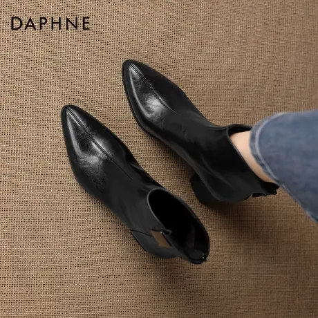 达芙妮高跟短靴女秋冬季2026新款粗跟马丁靴尖头瘦瘦靴黑色皮靴子商品大图