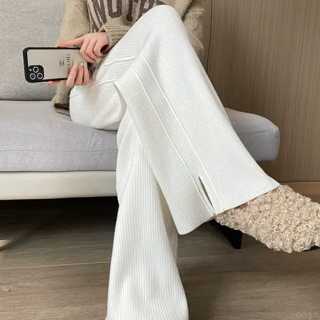 拼接开叉针织阔腿微喇裤女秋冬高腰阔显瘦羊绒休闲宽松拖地长裤子商品大图