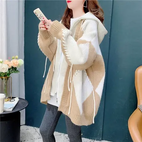 潮牌2021秋季新款女装宽松复古菱格拼色针织开衫减龄连帽毛衣外套商品大图