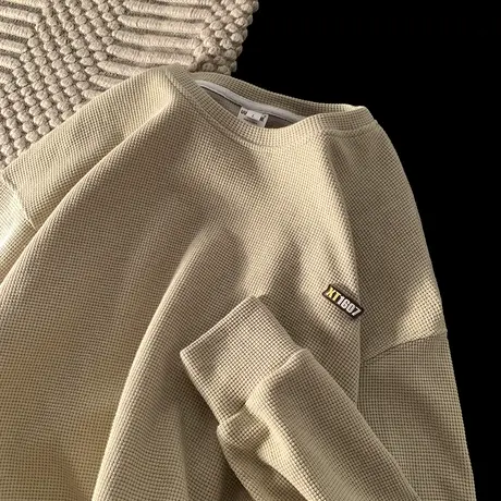 潮流宽松华夫格圆领卫衣男港风复古国潮秋冬季新款基础款套头上衣图片