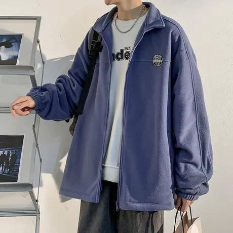 唐狮冬季净色立领摇粒绒外套男装青少年宽松休闲运动黑色时尚潮流商品大图