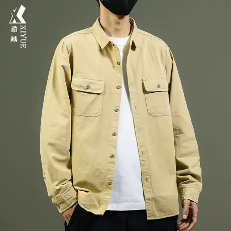 希越纯棉美式复古工装牛仔衬衫男士秋季潮流痞帅夹克外套宽松大码商品大图