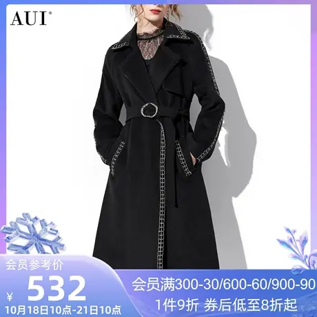 AUI黑色气质修身显瘦毛呢外套女冬2023新款欧美站设计感呢子大衣商品大图