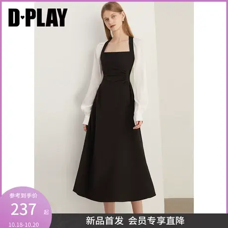 DPLAY2023新法式气质黑拼白鎏光纱美背捏褶显瘦中长连衣裙小黑裙图片
