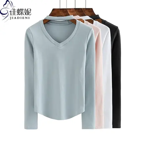 秋冬新款挂脖V领纯欲修身显瘦纯棉圆弧长袖纯色体恤上衣女打底衫图片