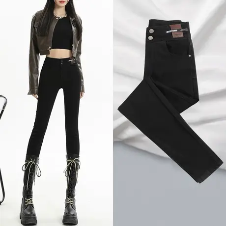 黑色小脚牛仔裤女2023秋季新款高腰显瘦弹力网红设计感修身铅笔裤商品大图