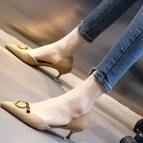 2023新款中空单鞋温柔3CM百搭中空尖头方扣法式高跟鞋女细跟商品大图