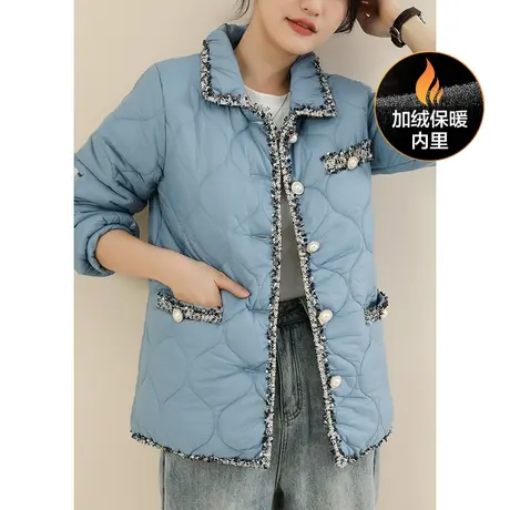 新品8.5折】小香风高级感拼接棉服外套百搭加绒加厚棉衣商品大图