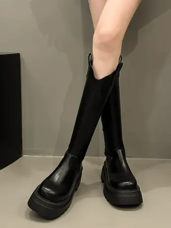 2023秋冬季新款棕色V口西部牛仔靴长筒靴粗高跟鞋骑士靴长靴子女商品大图