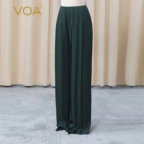 VOA40姆米重磅真丝茶绿色连腰直筒明线装饰百搭桑蚕丝阔腿长裤图片