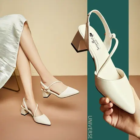 清仓夏季百搭休闲真皮尖头浅口高跟鞋粗跟搭扣时尚凉鞋女外穿商品大图