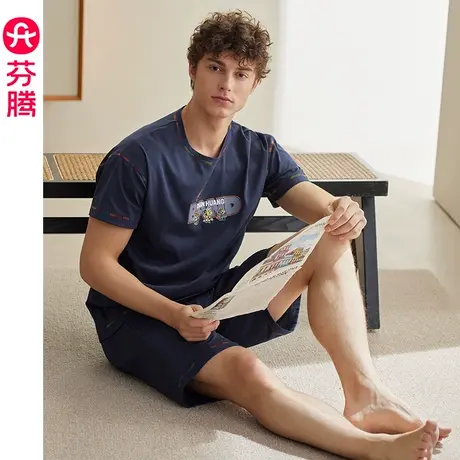 芬腾敦煌男士睡衣纯棉夏季短袖薄款国潮风休闲青年宽松家居服套装商品大图