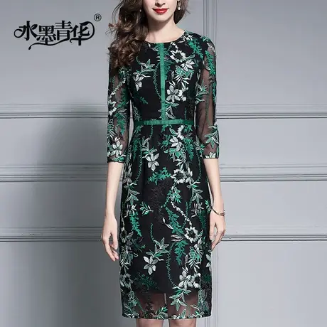 【1件7.9折】冬季新品女装简约修身时尚七分袖网纱绣花连衣裙商品大图