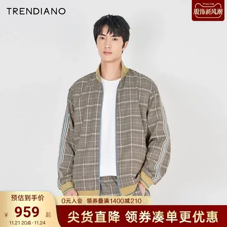 TRENDIANO官方2023新款秋季复古摩登格子提花立领廓形外套潮男商品大图