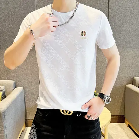 新款潮流字母刺绣圆领冰丝男士短袖T恤修身休闲潮牌半袖打底衫男商品大图