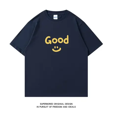 ins简约GOOD笑脸印花纯棉短袖T恤男女同款青少年宽松休闲半袖上衣商品大图