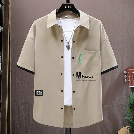 工装短袖衬衫男士夏季潮牌宽松五分袖休闲衬衣套装潮流痞帅两件套商品大图