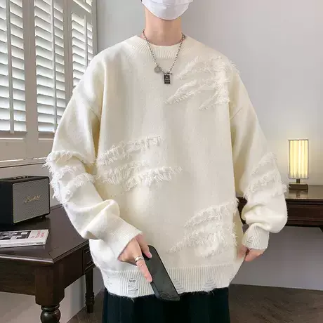 个性圆领毛衣男秋冬季潮牌痞帅宽松针织衫男日系复古慵懒线衣外套商品大图