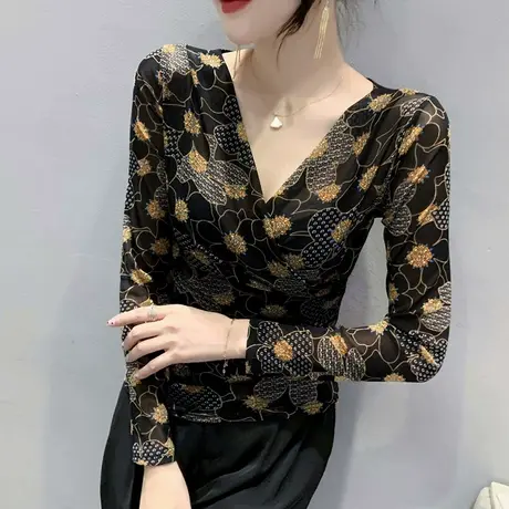 时尚印花网纱长袖T恤女2023春秋新款气质漂亮打底衫性感V领上衣服商品大图