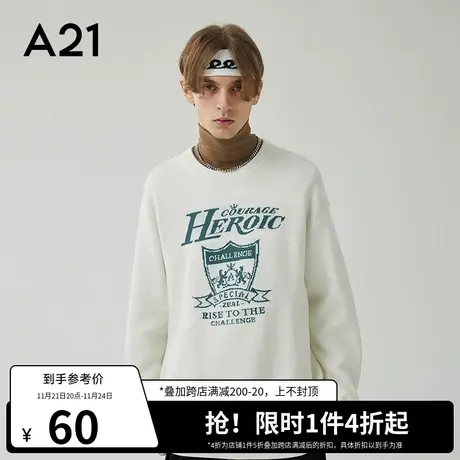 A21outlets男装宽松圆领落肩长袖毛衣秋季男士针织衫潮牌上衣黑色商品大图