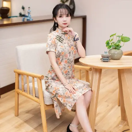 筠雅改良旗袍裙女夏季短袖民国复古优雅碎花气质裙子22J277图片