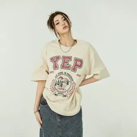 YEP美式复古短袖t恤女2024新款夏季宽松休闲情侣装半袖设计感上衣商品大图