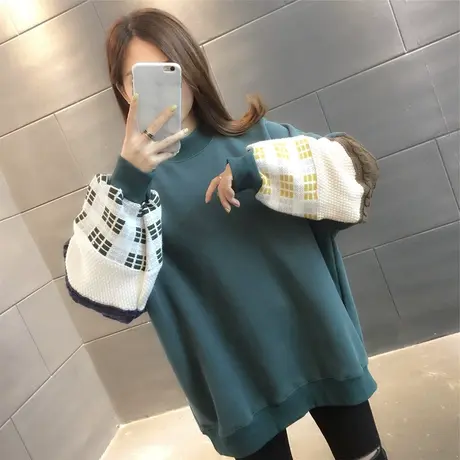 卫衣女秋冬新款泡泡袖休闲百搭上衣欧货套头宽松拼接时尚撞色绒衫图片