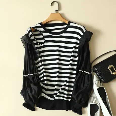 春装2024年新款雪纺长袖冰丝针织衫女洋气上衣宽松毛衣条纹打底衫商品大图