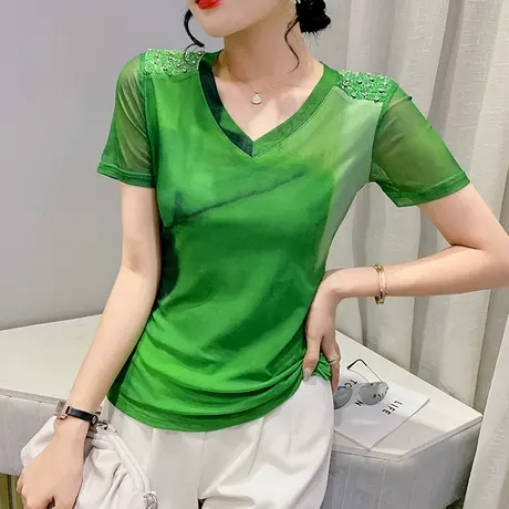 欧货扎染网纱上衣女修身时尚钉珠短袖T恤设计感小众V领半袖小衫潮商品大图