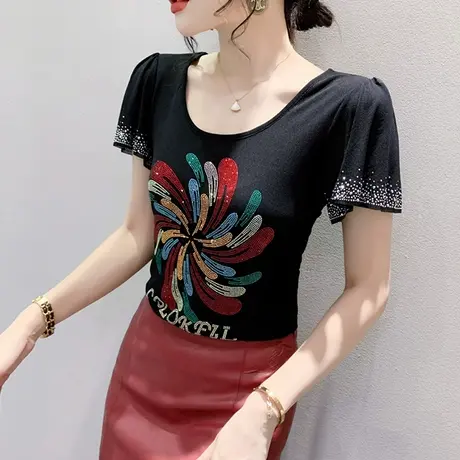 欧货网纱短袖T恤女2024夏季新款别致洋气烫钻上衣荷叶边修身小衫图片