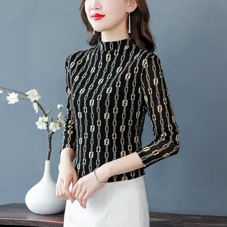 秋冬打底衫女上衣2023新款网纱修身半高领内搭长袖t恤洋气妈妈装商品大图