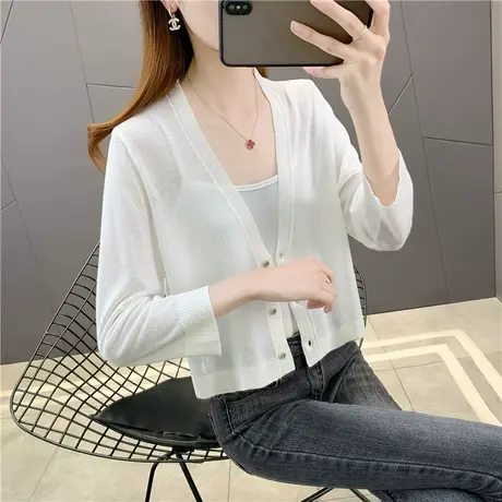 短款针织小开衫夏季V领薄款防晒衫七分袖外穿上衣女宽松外搭开衫商品大图