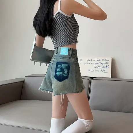 高腰牛仔短裤女夏季薄款撞色毛边显瘦a字设计感直筒辣妹阔腿热裤商品大图