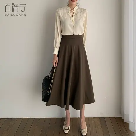 百洛安气质优雅大摆半身裙女秋装新款时尚通勤高腰显瘦a字中长裙图片