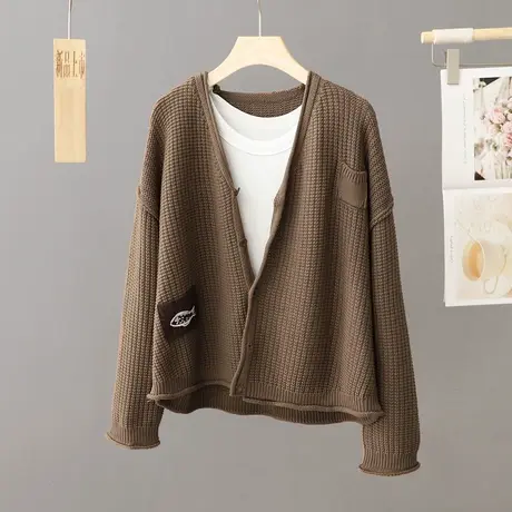 咖啡色洋气针织开衫外套女宽松休闲春秋季2024年新款百搭毛衣外套图片