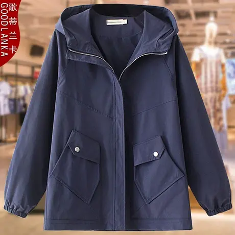中年胖妈妈春秋装风衣女200斤大码宽松洋气连帽薄款休闲风衣外套商品大图