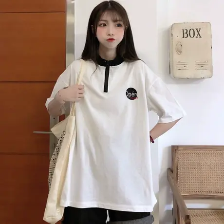 网红ins超火短袖t恤女2020夏季拉链宽松韩版原宿bf慵懒风上衣服潮商品大图