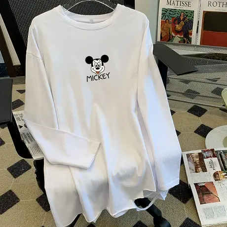 米奇磨毛打底衫纯棉宽松内搭2022秋装新款中长款长袖T恤白色上衣图片