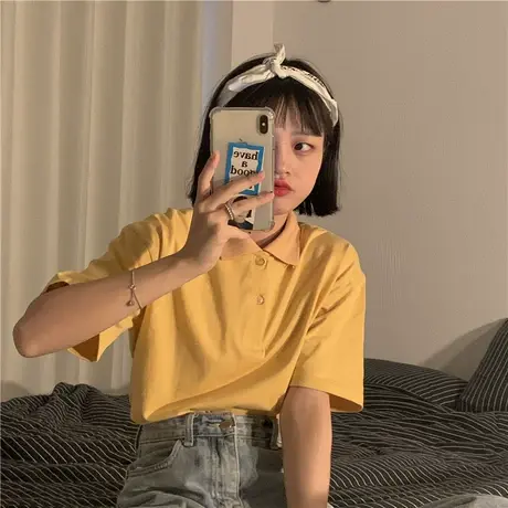 红续2023夏装新款韩版纯棉纯色翻领polo衫学院风宽松短袖T恤女ins图片