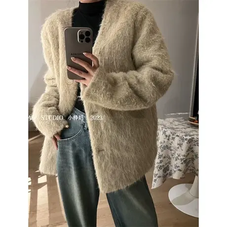 2023秋冬新款韩版气质宽松显瘦中长款三粒扣V领仿真水貂毛外套图片